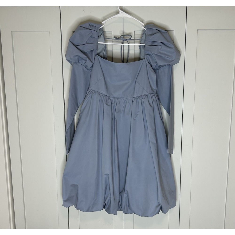 MME.Mink Dress Womens Medium Blue Dress Puff Sleeves Light Blue Tie Back